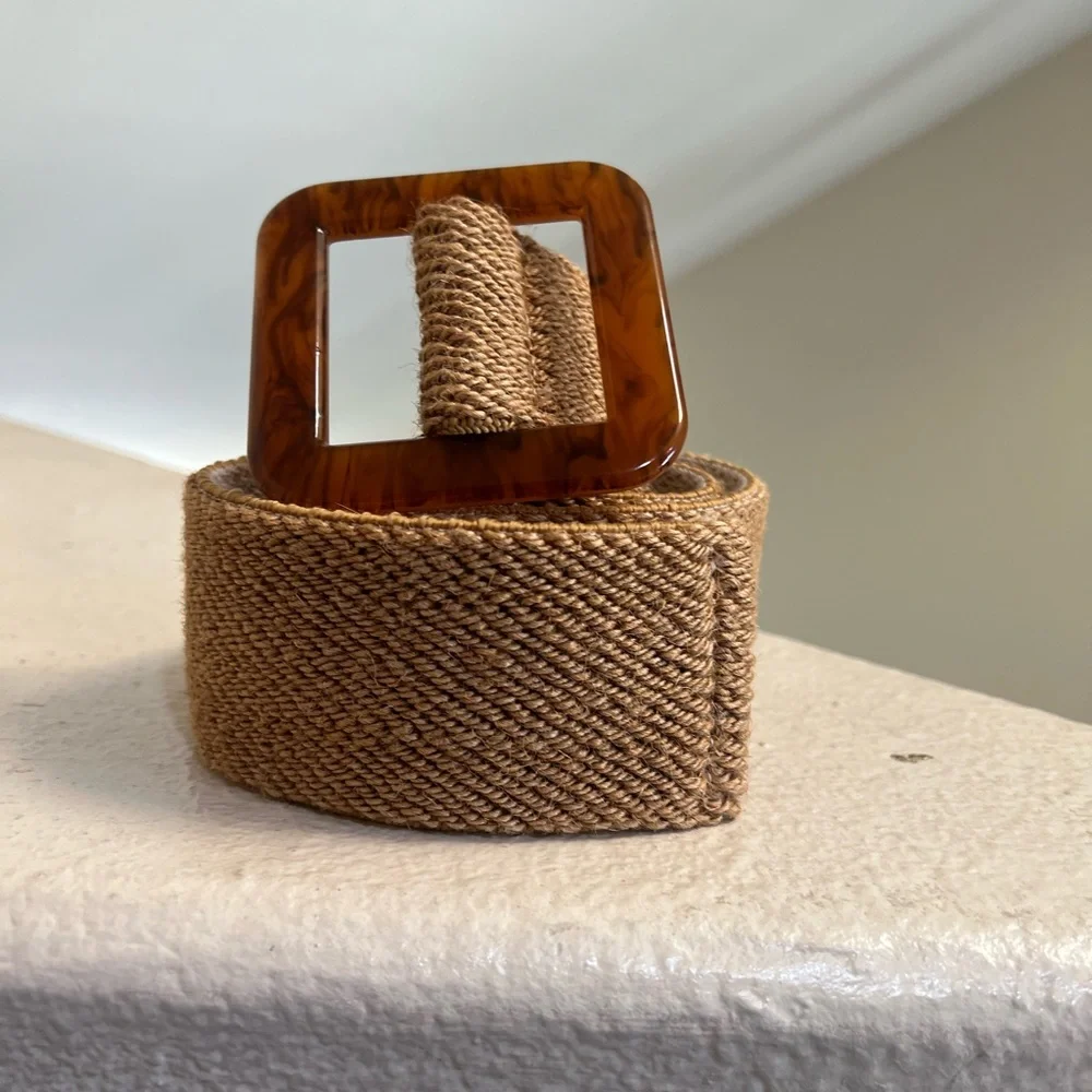 Women square RESIN BUCKLE STRAW stretch wide waist brown belt medium‎ boho l